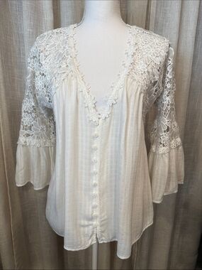 Emerson Lang White Floral Lace Boho Bell Sleeve Blouse Size Small
